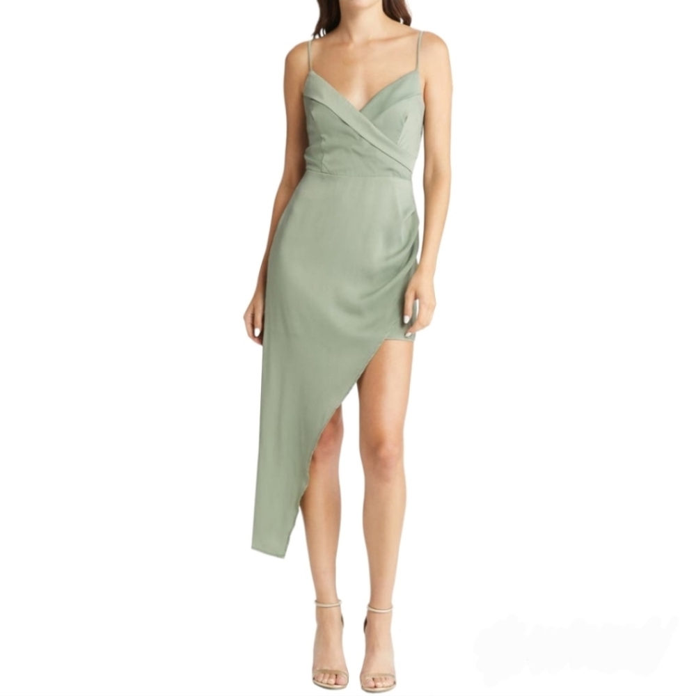Lulu's Let's Celebrate Tonight Sage Green Satin Asymmetrical Dress NWT